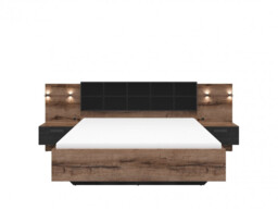 King Size Bedroom Furniture Set Ottoman Lift Up Storage Bed Bedside Cabinets Sideboard Sliding Wardrobe LED Lights Oak / Black - Kassel - thumbnail 3
