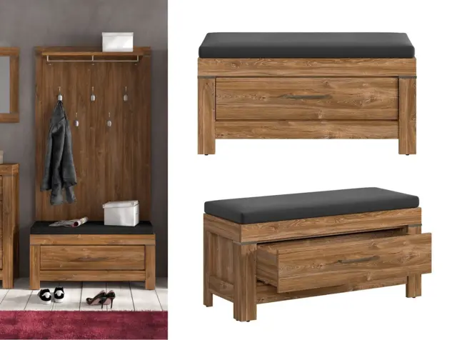 Shoe Storage Bench with Brown Seat Cushion Modern Hallway Cabinet with Drawer Medium Oak Effect - Gent - image 1