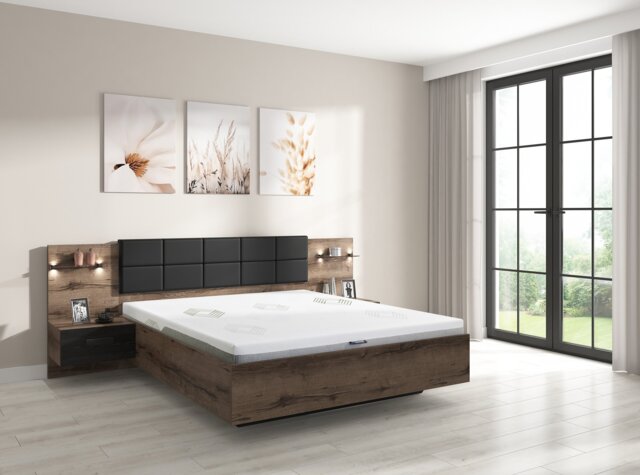 Luxury King Size Bed Frame Headboard Built in Bedsides Euro Slats USB LED Lights Oak and Black - Kassel - image 1