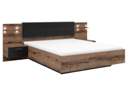 Luxury King Size Bed Frame Headboard Built in Bedsides Euro Slats USB LED Lights Oak and Black - Kassel - thumbnail 3