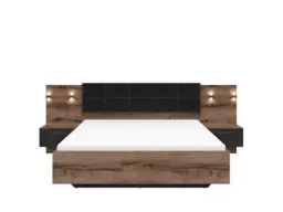 Luxury King Size Bed Frame Headboard Built in Bedsides Euro Slats USB LED Lights Oak and Black - Kassel - thumbnail 4
