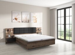 Luxury King Size Bed Frame Headboard Built in Bedsides Euro Slats USB LED Lights Oak and Black - Kassel - thumbnail 1