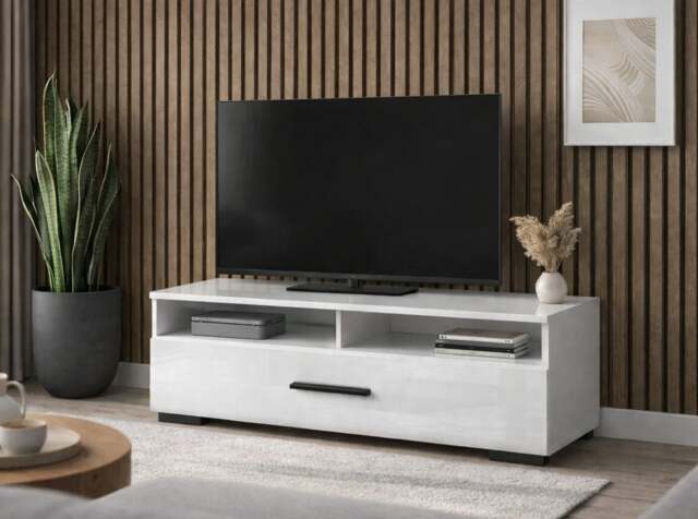 Small TV Unit with Drawer White Gloss Media Storage Cabinet Entertainment Stand 100cm - Assen - image 1