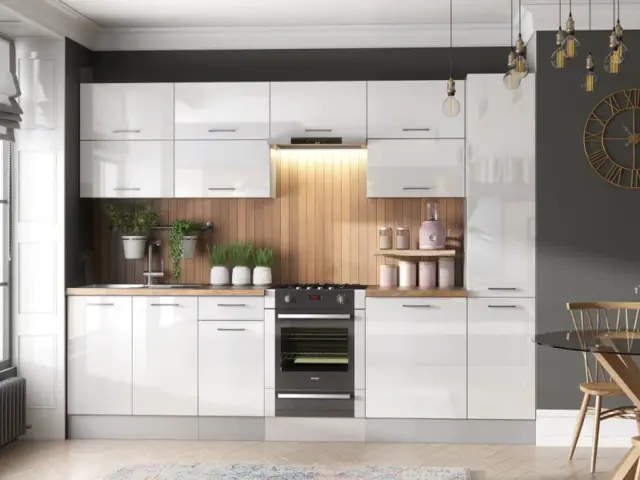 Modern Kitchen Cabinet Set Slim Larder 11 Units Complete White High Gloss 280cm - Ella - image 1
