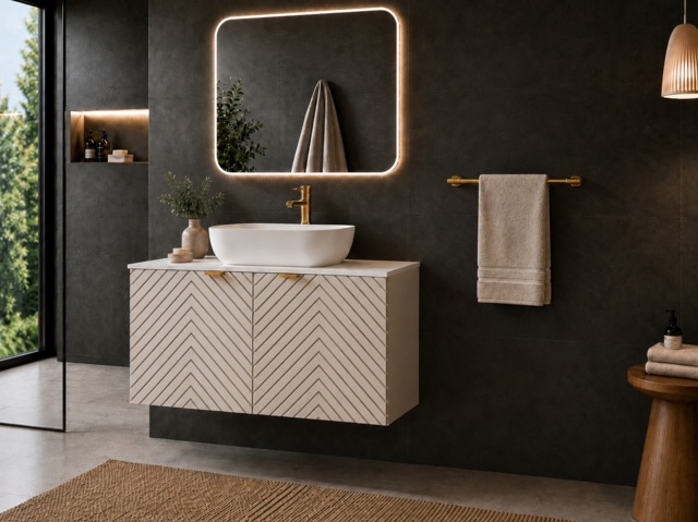800mm Vanity Unit with Basin Wall Hung Fluted Beige Bathroom Cabinet White Countertop Gold Handles - Cara - image 1
