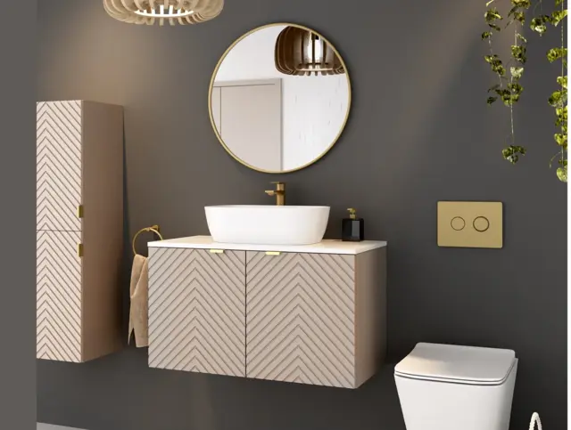 800mm Vanity Unit with Basin Wall Mounted Fluted Beige Bathroom Cabinet White Countertop Gold Handles - Cara - image 1