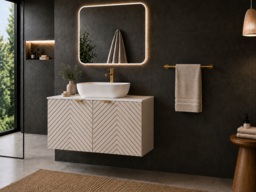 800mm Vanity Unit with Basin Wall Hung Fluted Beige Bathroom Cabinet White Countertop Gold Handles - Cara - thumbnail 1