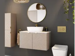 800mm Vanity Unit with Basin Wall Mounted Fluted Beige Bathroom Cabinet White Countertop Gold Handles - Cara