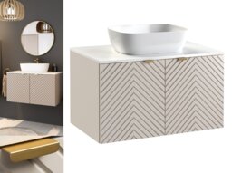 800mm Vanity Unit with Basin Wall Mounted Fluted Beige Bathroom Cabinet White Countertop Gold Handles - Cara - thumbnail 3