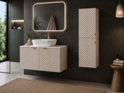 800mm Vanity Unit with Basin Wall Hung Fluted Beige Bathroom Cabinet White Countertop Gold Handles - Cara - thumbnail 2