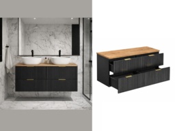 Double Vanity Unit Black Bathroom Cabinet 1200mm Oak Countertop Ribbed Fluted Wall Hung Floating - Adel