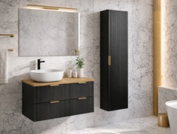 Double Vanity Unit Black Bathroom Cabinet 1200mm Oak Countertop Ribbed Fluted Wall Hung Floating - Adel - thumbnail 3