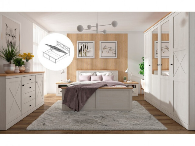 Super King Size Storage Bedroom Set: Lift Up Bed Frame Wardrobe Sideboard Bedsides White Pine/Oak Effect - Frija - image 1