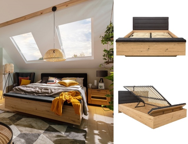 King Size Ottoman Bed Frame Storage Lift Up Blanket Trunk Box Black Padded Headboard Oak Effect Boho Style - Ostia - image 1