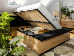 King Size Ottoman Bed Frame Storage Lift Up Blanket Trunk Box Black Padded Headboard Oak Effect Boho Style - Ostia - thumbnail 3