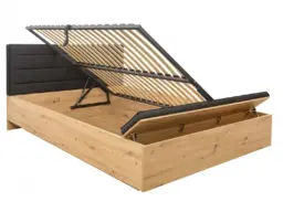 King Size Ottoman Bed Frame Storage Lift Up Blanket Trunk Box Black Padded Headboard Oak Effect Boho Style - Ostia - thumbnail 4