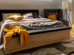 King Size Ottoman Bed Frame Storage Lift Up Blanket Trunk Box Black Padded Headboard Oak Effect Boho Style - Ostia - thumbnail 2