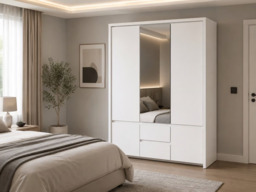 White Wardrobe With Drawers 3 Door Triple Wardrobe with Mirror and Shelves Storage - Kaspian - thumbnail 1