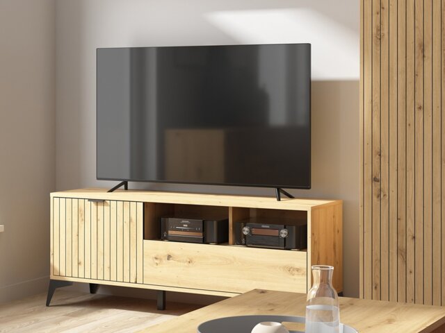 TV Cabinet Stand Modern Living Room Storage Unit 135cm Wide Soft Close Oak Effect with Slats Black Legs – Lamea - image 1