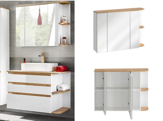 Large Bathroom Mirror Cabinet Wall Storage with Shelf Modern White Gloss and Oak Unit - Platinum - image 1