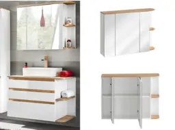 Large Bathroom Mirror Cabinet Wall Storage with Shelf Modern White Gloss and Oak Unit - Platinum