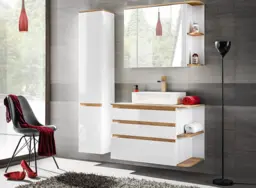 Large Bathroom Mirror Cabinet Wall Storage with Shelf Modern White Gloss and Oak Unit - Platinum - thumbnail 2