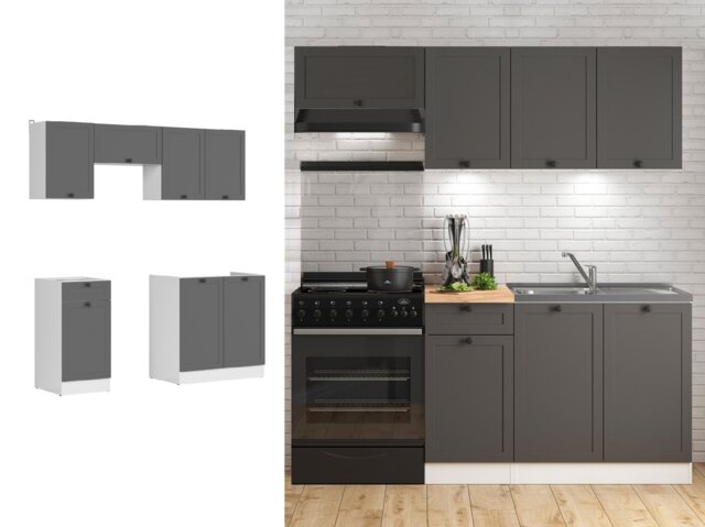 Kitchen Cabinet Set Kitchenette Units Grey Shaker Freestanding 5 Cupboards 180cm DIY Complete Set - Junona - image 1