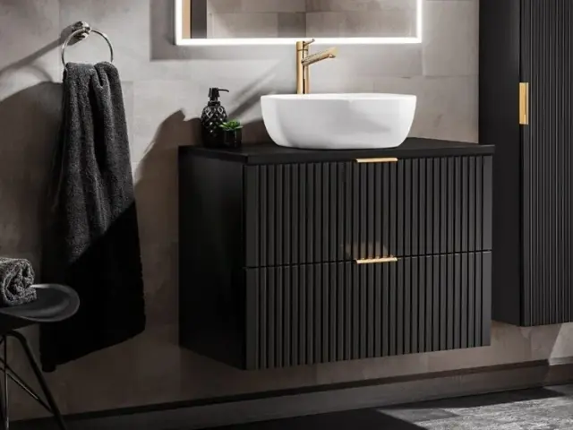 Bathroom Vanity Unit Countertop with Basin 800mm Ribbed Textured Black Wall Hung Floating - Adel - image 1