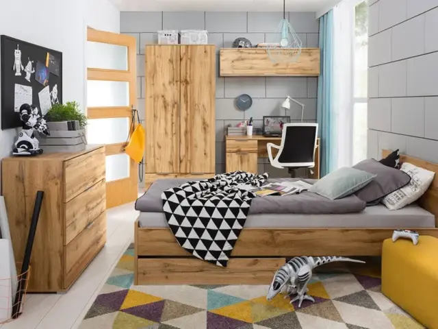 Bedroom Furniture Set: 6-Piece Single Bed Wardrobe Desk Oak Wotan Effect Modern Children's Room - Zele - image 1