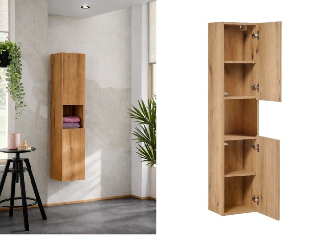 Wall Bathroom Cabinet Tall Slim Storage Shelving Unit Floating Narrow Shelf Oak Effect - Nova - image 1