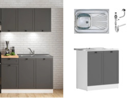 Kitchen Sink and Base Unit All in One Cabinet 800mm Sit On Sink Complete Freestanding Dark Grey Shaker - Junona