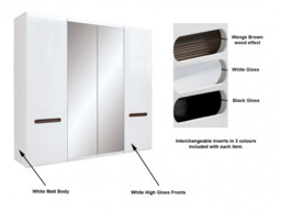 Four 4 Door Wardrobe with Mirror, Hanging Rail, Shelves Quad Quadruple Wardrobe White High Gloss - Azteca Trio - thumbnail 2