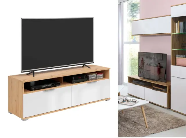 White Gloss TV Stand Cabinet Unit with Drawers Modern Small Media Table in Light Oak 135cm - Zele - image 1