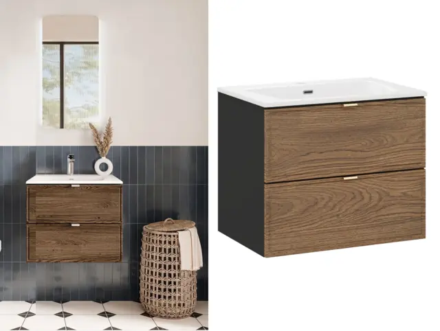 Mid Century Bathroom Vanity Unit with Sink 600mm Floating Wall Drawers Cabinet Walnut Effect Black - Talia - image 1