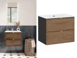 Mid Century Bathroom Vanity Unit with Sink 600mm Floating Wall Drawers Cabinet Walnut Effect Black - Talia - thumbnail 1