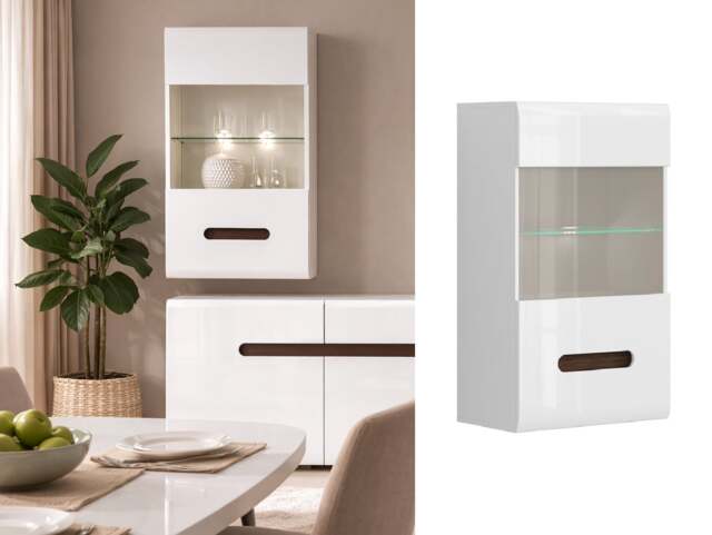 Wall Display Unit Glass Cabinet Modern Floating LED Lights White Gloss Storage - Azteca - image 1
