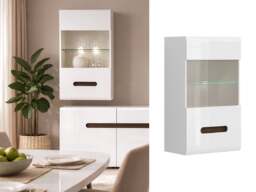 Wall Display Unit Glass Cabinet Modern Floating LED Lights White Gloss Storage - Azteca - thumbnail 1