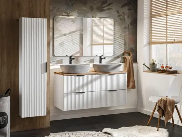 Bathroom 1200mm Double Vanity Oak Effect Countertop Sinks Set Ribbed Textured White Modern Wall Hung Floating Adel - image 1