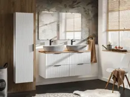 Bathroom 1200mm Double Vanity Oak Effect Countertop Sinks Set Ribbed Textured White Modern Wall Hung Floating Adel