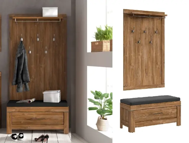 Modern Hallway Cupboard Furniture Set Storage Seat Shoe Cabinet Bench Wall Coat Hanger Hooks Medium Oak - Gent - image 1