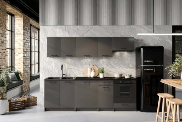 Kitchen Cabinets 8 Unit Kitchenette Black Worktop Dark Grey Cupboards Complete Fitted 240cm Set - Lina - image 1