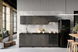 Kitchen Cabinets 8 Unit Kitchenette Black Worktop Dark Grey Cupboards Complete Fitted 240cm Set - Lina - thumbnail 1