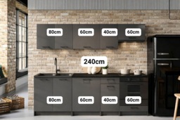 Kitchen Cabinets 8 Unit Kitchenette Black Worktop Dark Grey Cupboards Complete Fitted 240cm Set - Lina - thumbnail 2