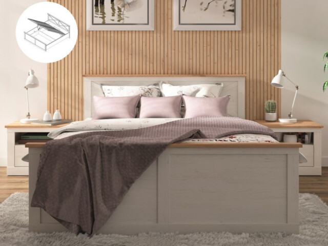 Super King Ottoman Scandi Bedroom Furniture Set: Lift Up Bed and Bedside Cabinet Pair White Pine Oak - Frija - image 1