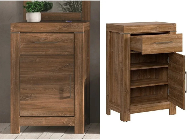 Narrow Cabinet Tall Side Table with Drawer Bedside Storage Office Unit Medium Oak Effect - Gent - image 1