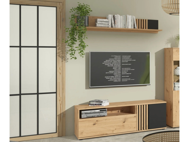 Living Room Furniture Set TV Cabinet and Floating Wall Mounted Shelf Unit 135cm Black and Oak with Slats – Vabres - image 1