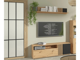 Living Room Furniture Set TV Cabinet and Floating Wall Mounted Shelf Unit 135cm Black and Oak with Slats – Vabres - thumbnail 1