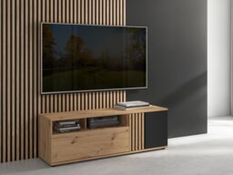 Living Room Furniture Set TV Cabinet and Floating Wall Mounted Shelf Unit 135cm Black and Oak with Slats – Vabres - thumbnail 3