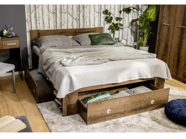 King Size Bed Frame Storage Drawers Shelves Euro Solid Wood Slats Dark Oak Effect - Nepo - image 1