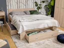 King Size Bed Frame Storage Drawers Shelves Euro Solid Wood Slats Light Oak Effect - Nepo